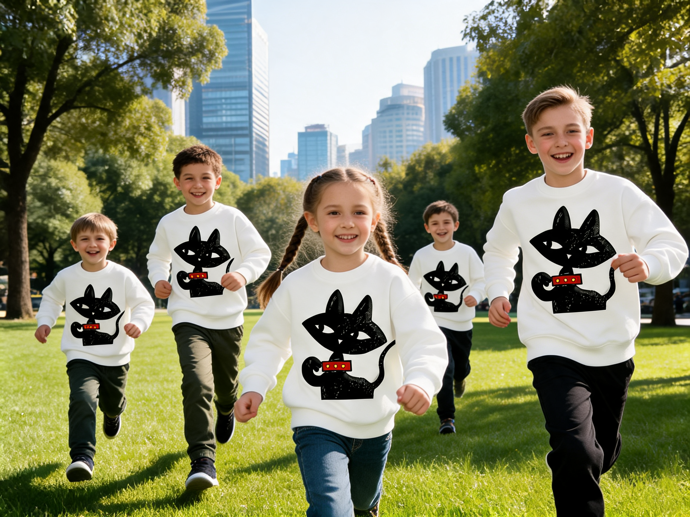 Kinder mit weißen Sweatshirts und schwarzem Katzenmotiv von JUPek Studio im modernen Outdoor-Mockup