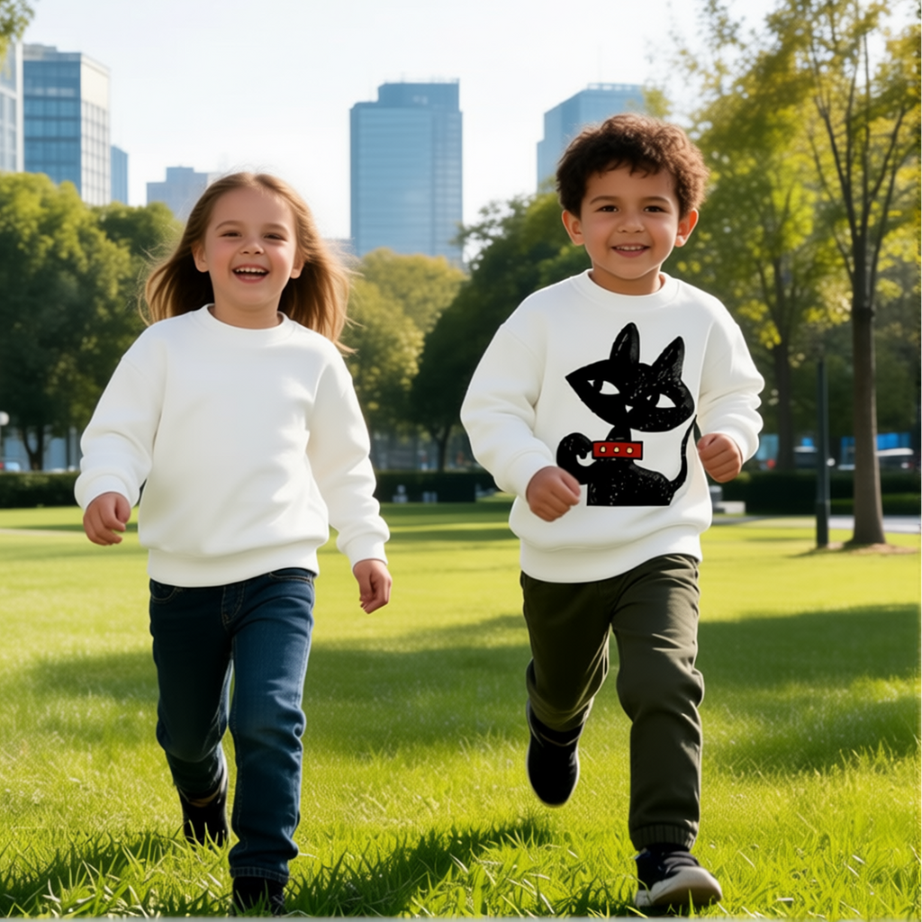 Kinder-Sweatshirt mit schwarzer Katzenillustration im modernen Freizeit- und Streetwear-Stil von JUPek Studio