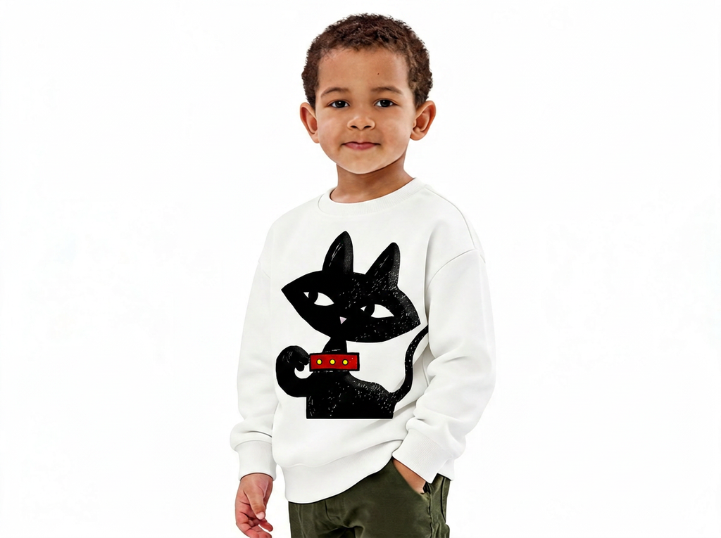 Kind trägt weißes Kinder-Sweatshirt mit schwarzem Katzenmotiv von JUPek Studio im minimalistischen Lifestyle-Look
