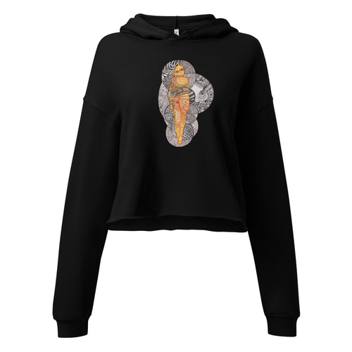 Schwarzer Crop Hoodie mit Illustration „Figure 01“ auf der Vorderseite